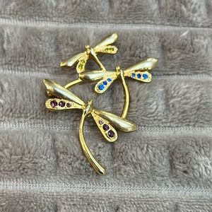 Dragonflies Pin with Blue, Purple and Green Stones brooch yellow tone